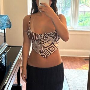 Urban Outfitters Brown and White Patterned Milkmaid Crop Top